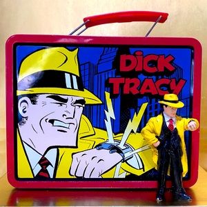 DICK TRACY VINTAGE COLLECTIBLE 1998 METAL TOTE LUNCHBOX & 199O APPLAUSE FIGURE